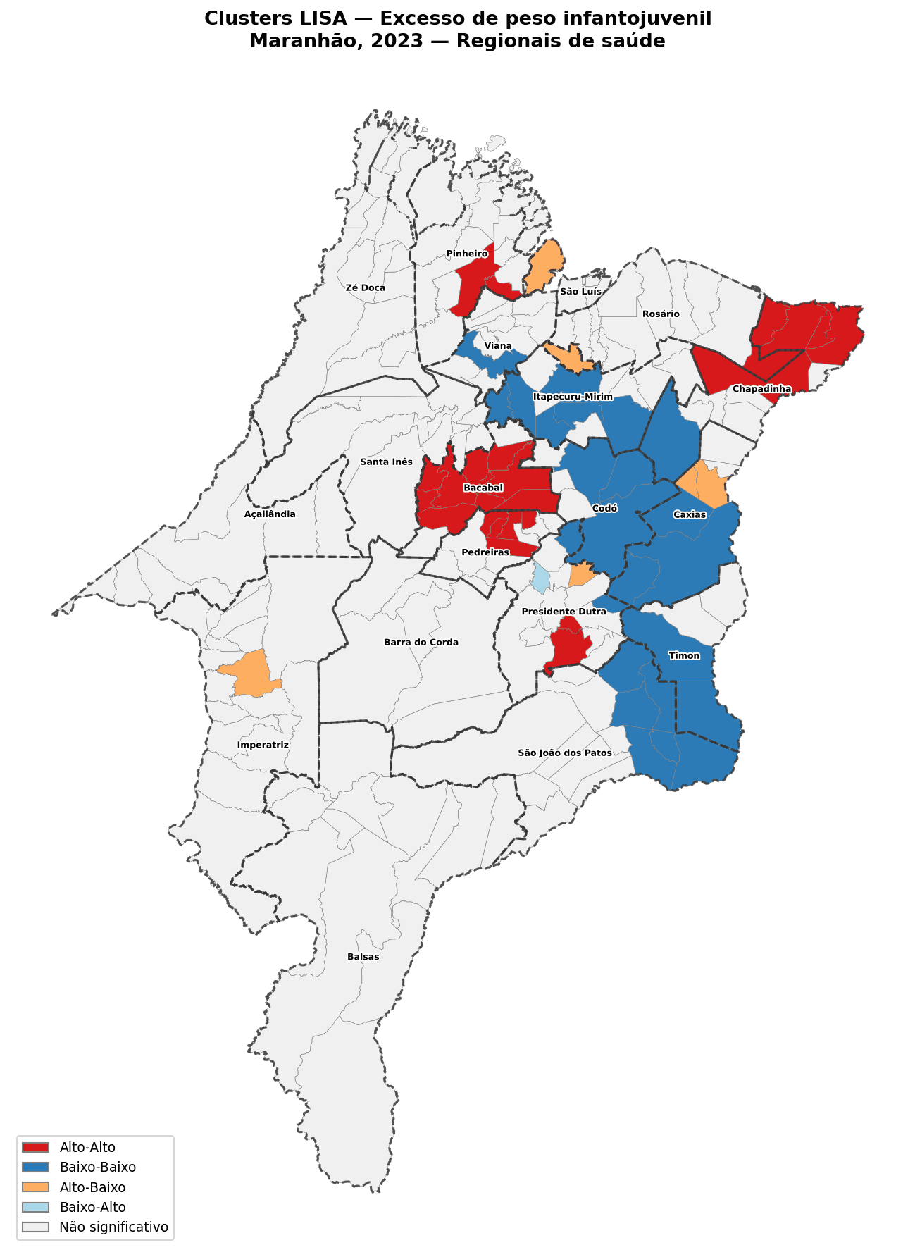 Os mesmos aglomerados sobre as regiões de saúde da SES-MA